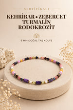 Sertifikalı Çeroit - Kehribar - Zebercet - Turmalin - Rodokrozit - Ay Doğal Taşı Kolye - 6 Mm M342