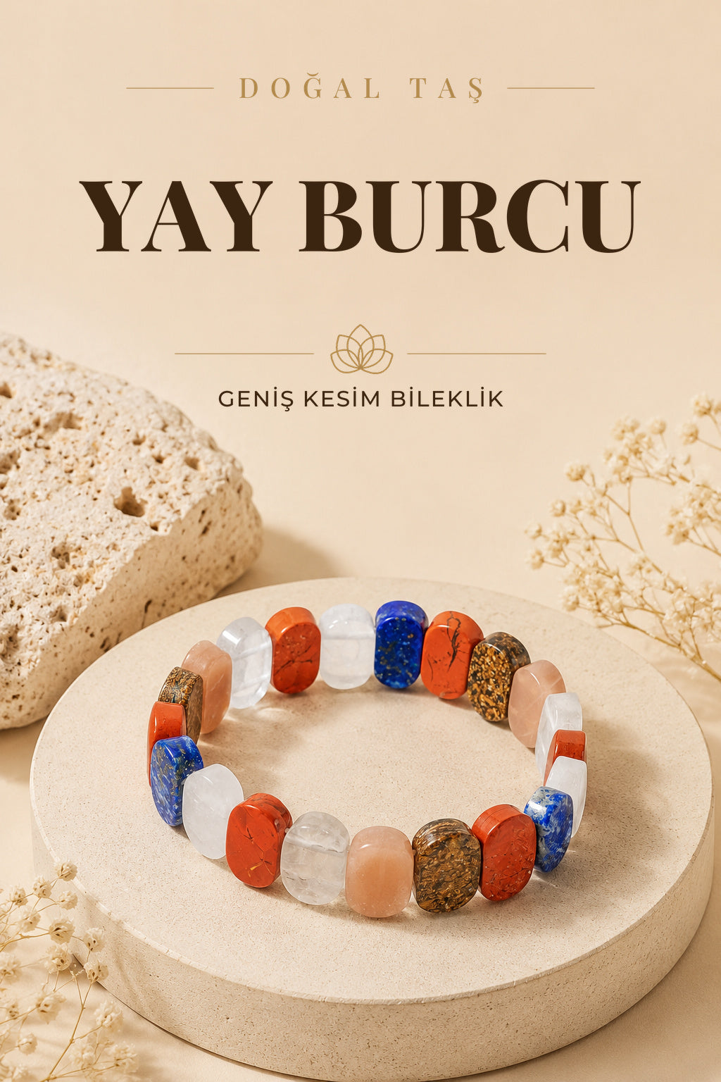 Yay Burcu Doğal Taş Geniş Kesim Bileklik
