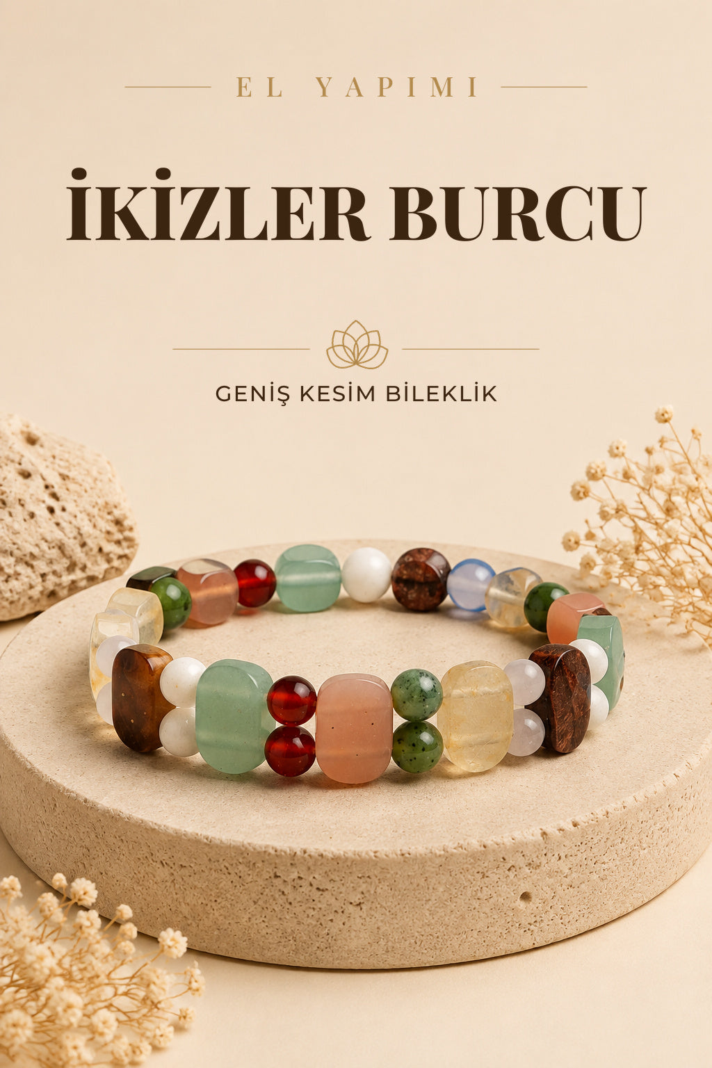 Ikizler Burcu Doğal Taş Geniş Kesim El Yapımı Bileklik