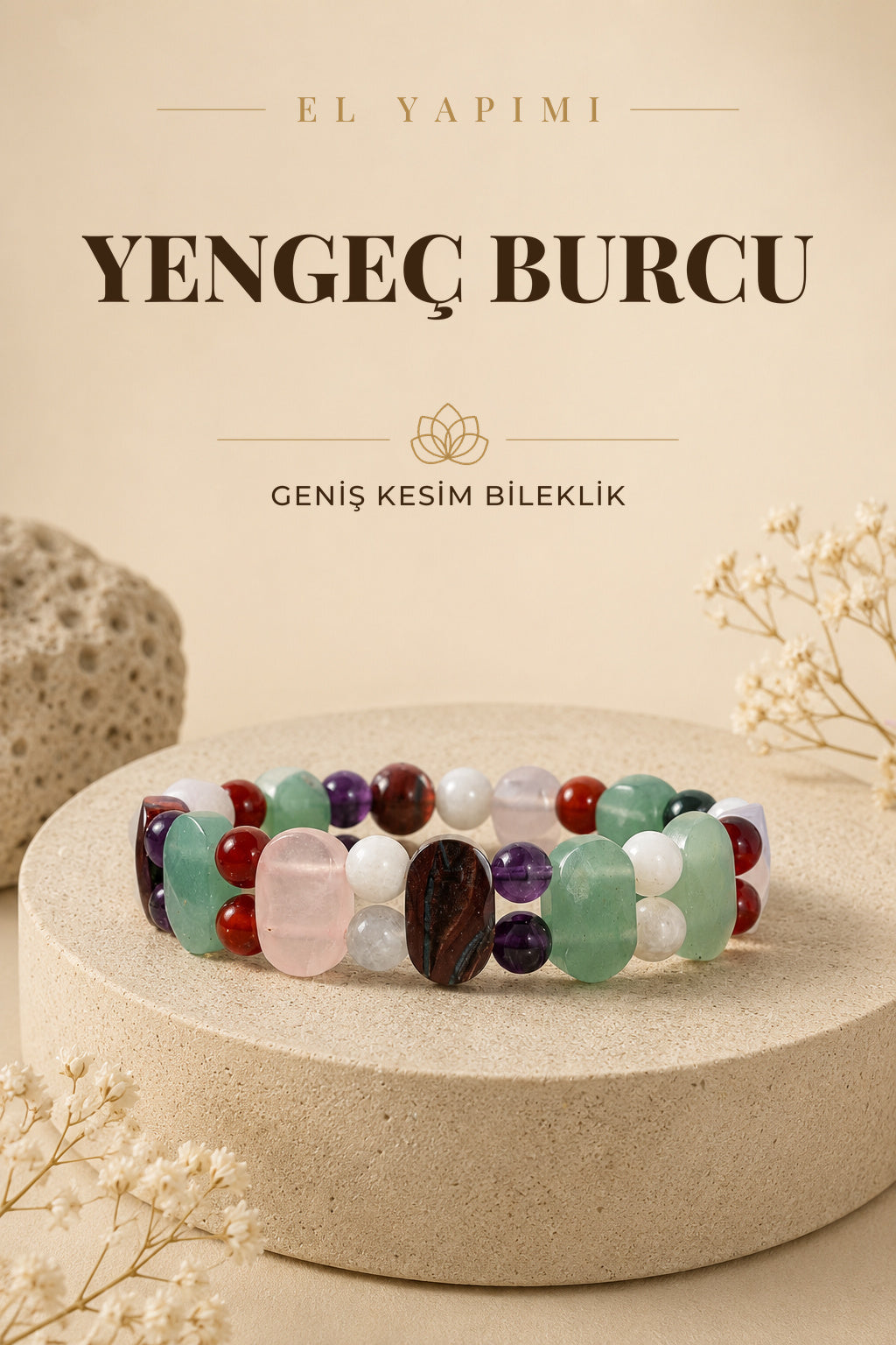 Yengeç Burcu Doğal Taş Geniş Kesim El Yapımı Bileklik