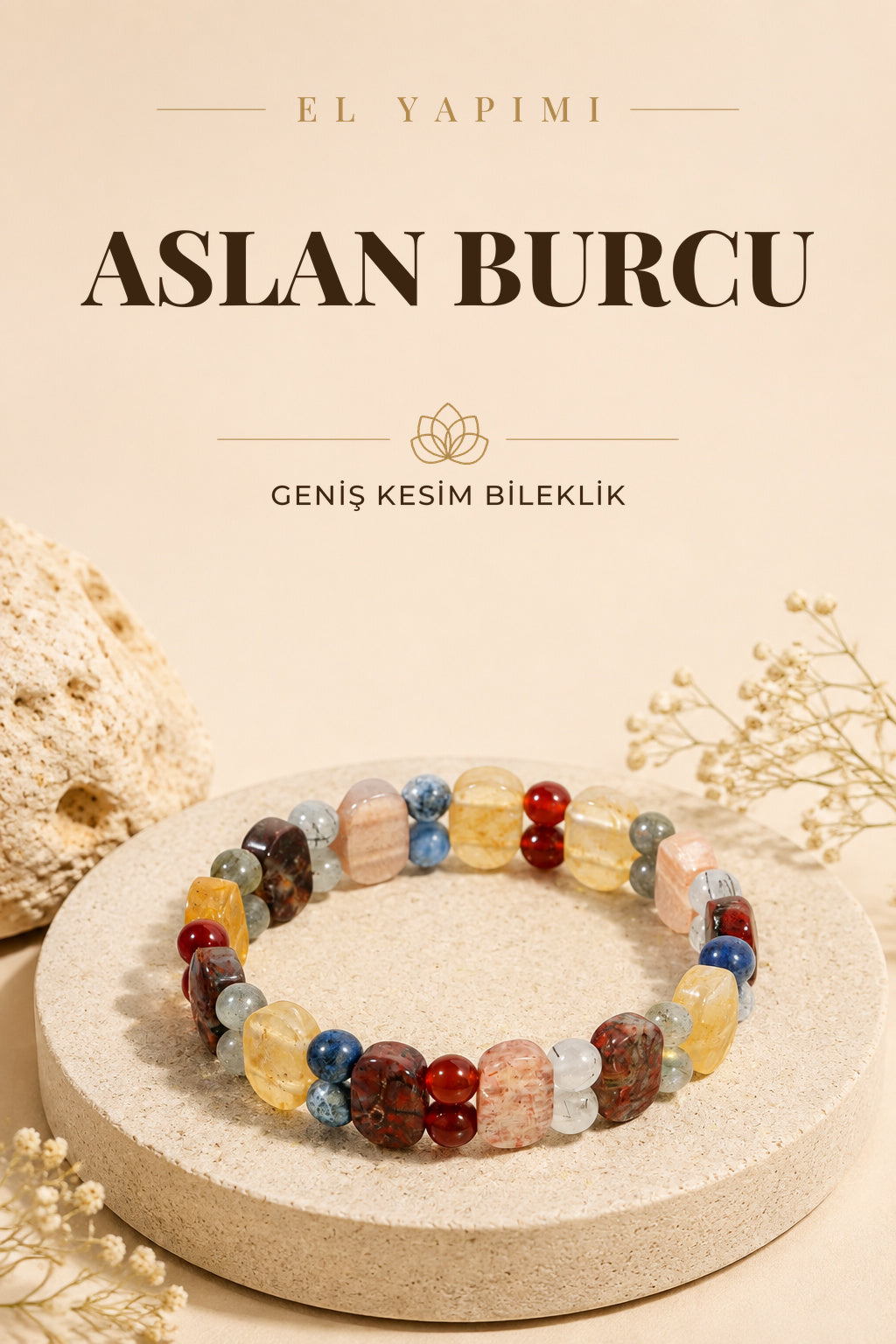 Aslan Burcu Doğal Taş Geniş Kesim El Yapımı Bileklik