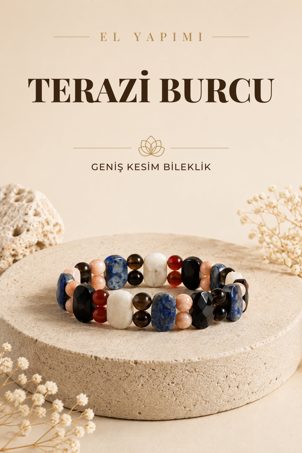 Terazi Burcu Doğal Taş Geniş Kesim El Yapımı Bileklik