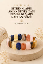 Sertifikalı Sitrin-lapis-akik-güneş Taşı-pembe Kuvars- Kaplan Gözü Roleks Bileklik
