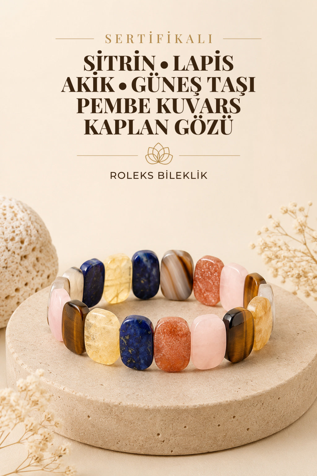 Sertifikalı Sitrin-lapis-akik-güneş Taşı-pembe Kuvars- Kaplan Gözü Roleks Bileklik