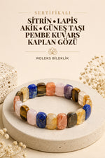 Sertifikalı Roleks Bileklik-sitrin-lapis-akik-güneş Taşı-pembe Kuvars-kaplan Gözü