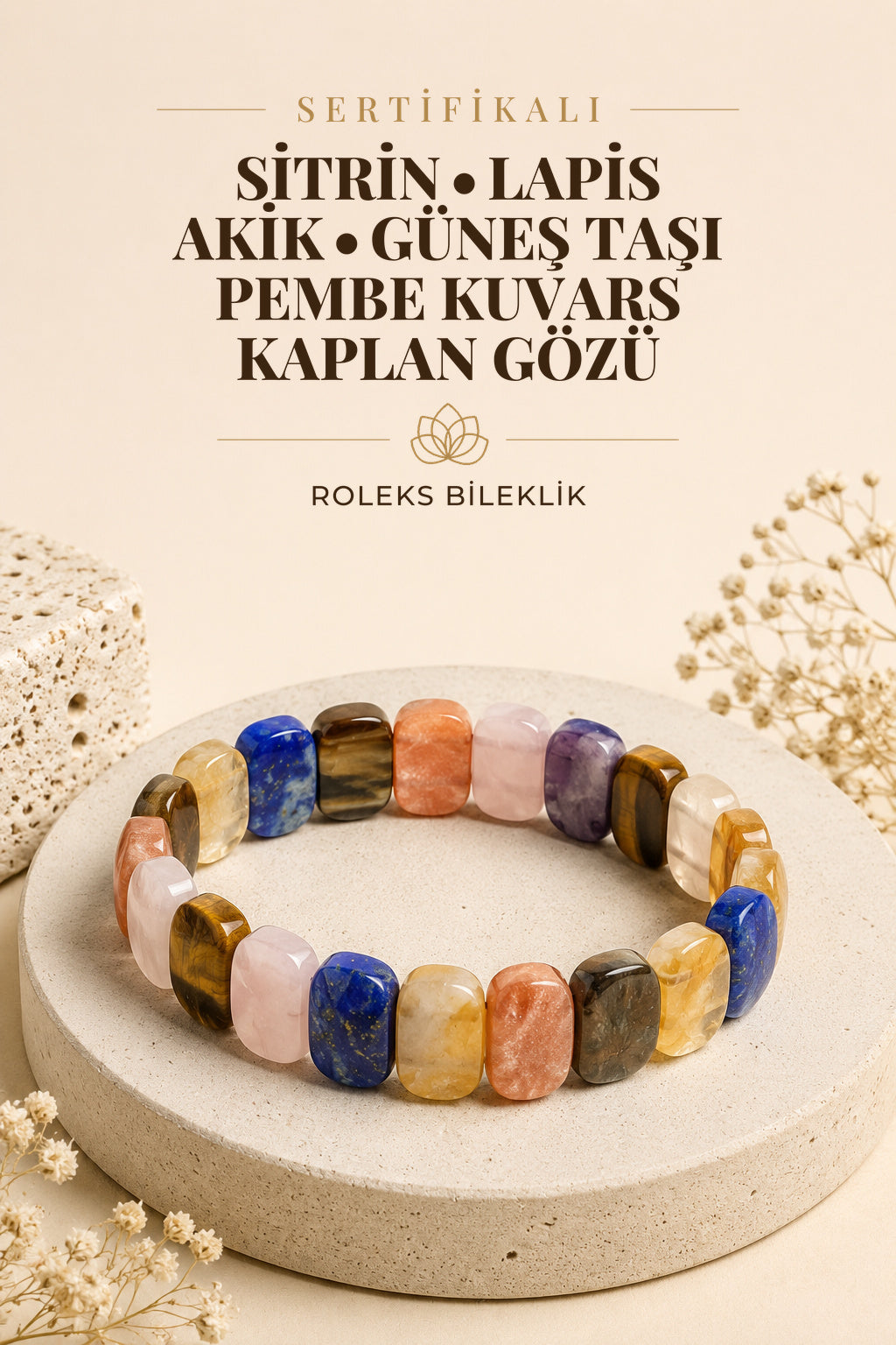 Sertifikalı Roleks Bileklik-sitrin-lapis-akik-güneş Taşı-pembe Kuvars-kaplan Gözü