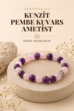 Sertifikalı Doğal Taş Bileklik Kunzit-pembe Kuvars-ametist