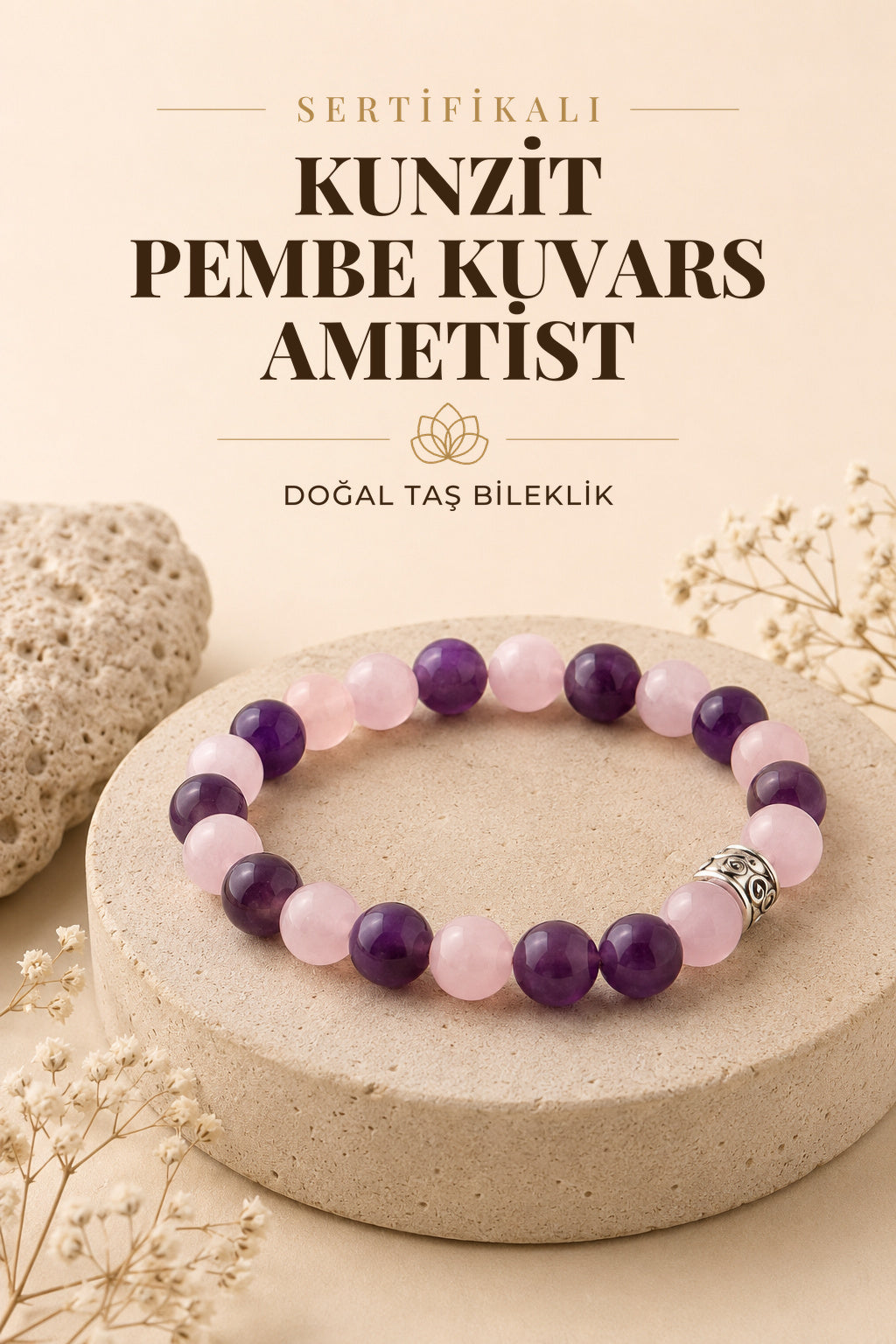 Sertifikalı Doğal Taş Bileklik Kunzit-pembe Kuvars-ametist
