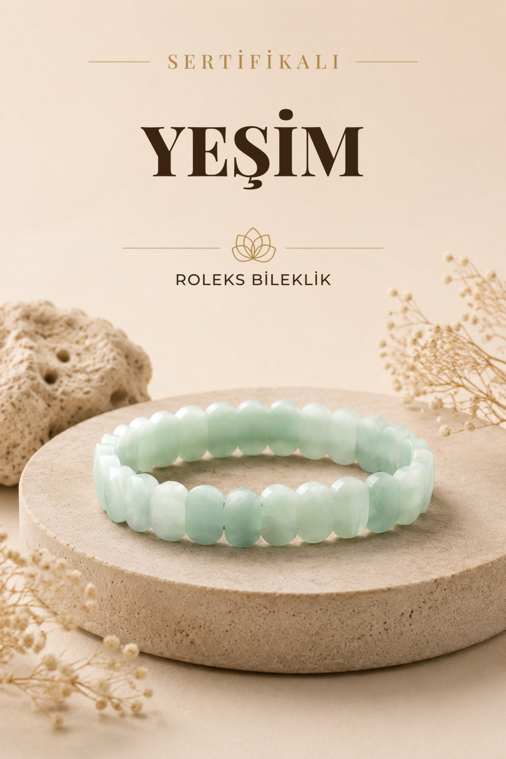 Sertifikalı Yeşim (HURMA YEŞİMİ) Doğal Taş Roleks Bileklik B796