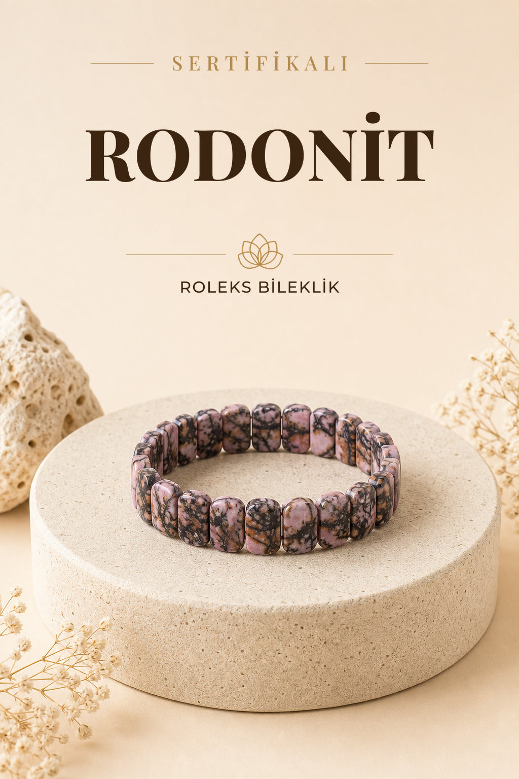 Sertifikalı Rodonit Doğal Taş Roleks Bileklik
