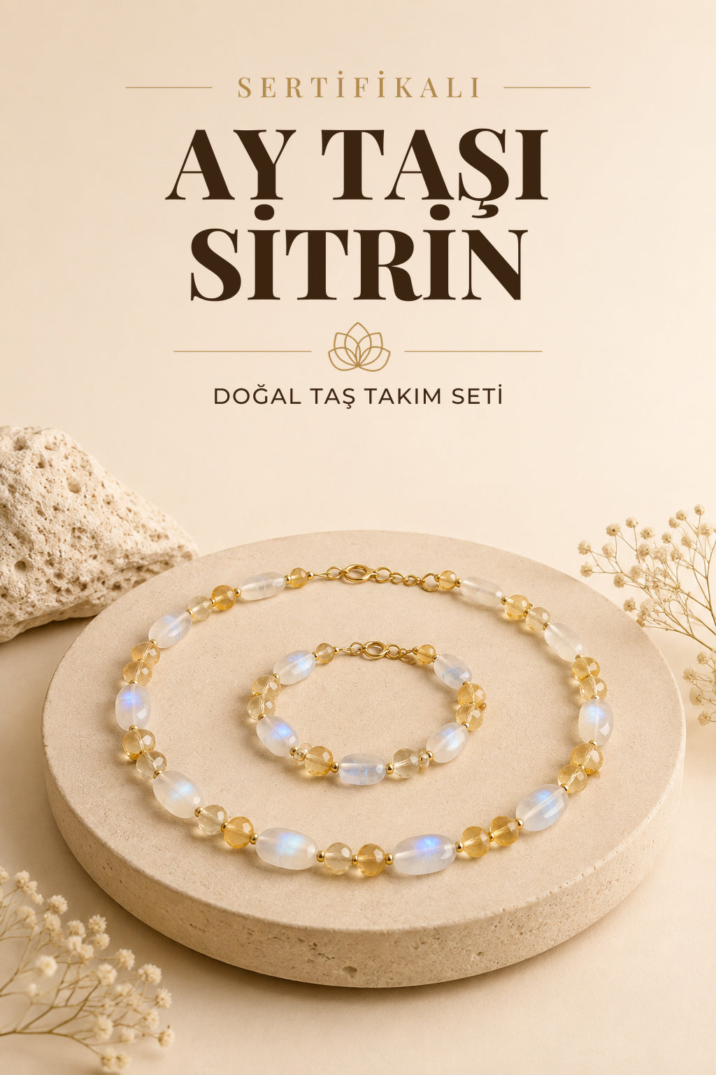 Sertifikalı Ay Taşı-sitrin Kolye Ve Bileklik Set Takı