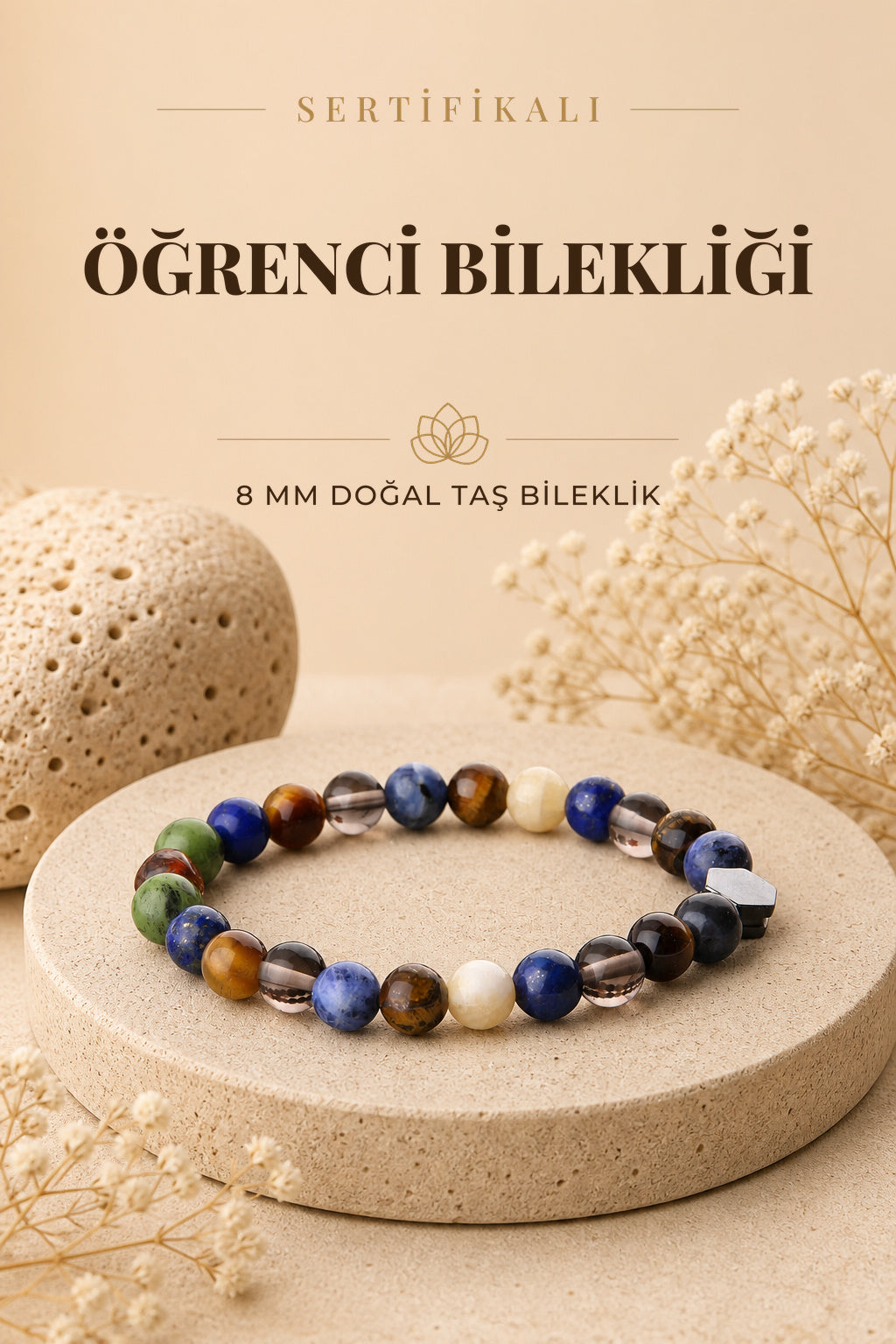 Orijinal & Sertifikalı Öğrenci Bilekliği - Hafıza Konsantrasyon Nazar Başarı Doğal Taş Bileklik 8 mm
