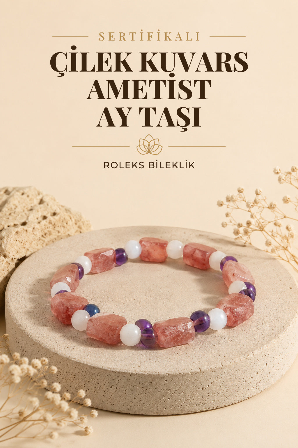 Sertifikalı Çilek Kuvars-ametist- Ay Taşı Roleks Bileklik