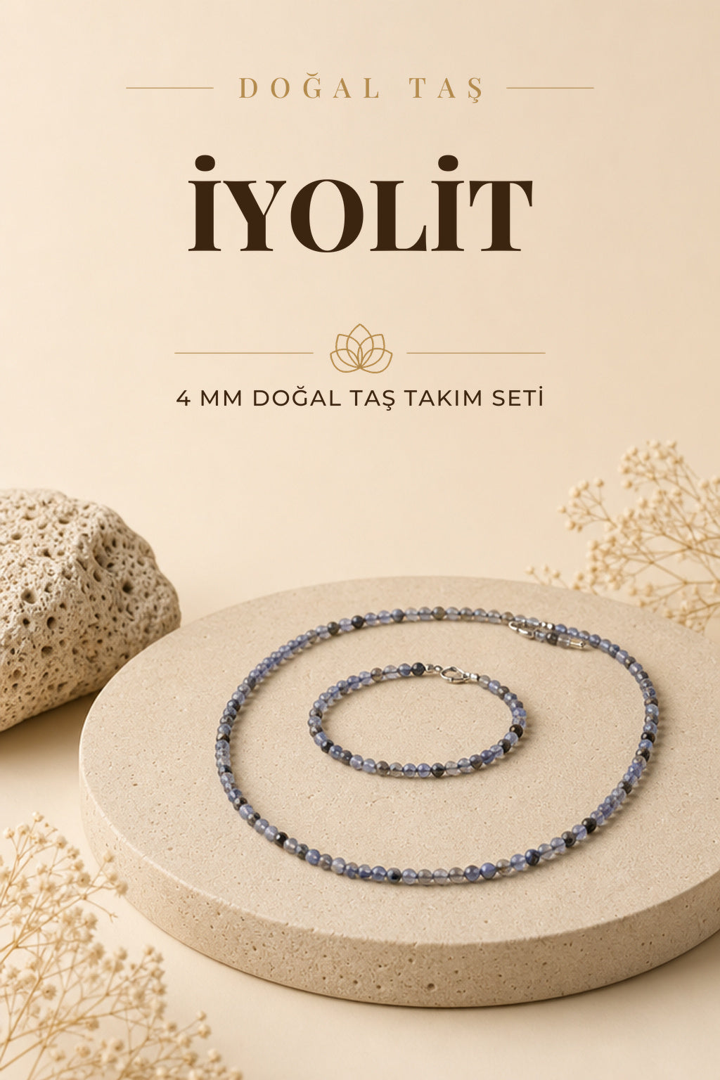 Iyolit Taşı Kolye Bileklik Takım 4 mm