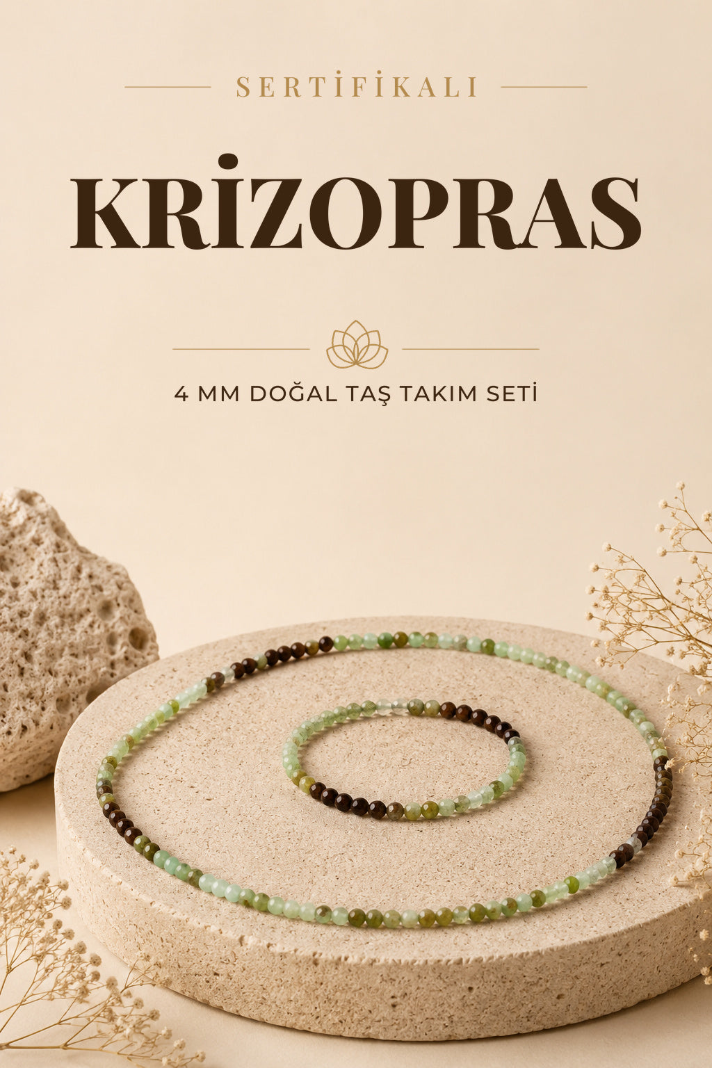 Sertifikalı Krizopras Kolye Bileklik Takım 4 Mm
