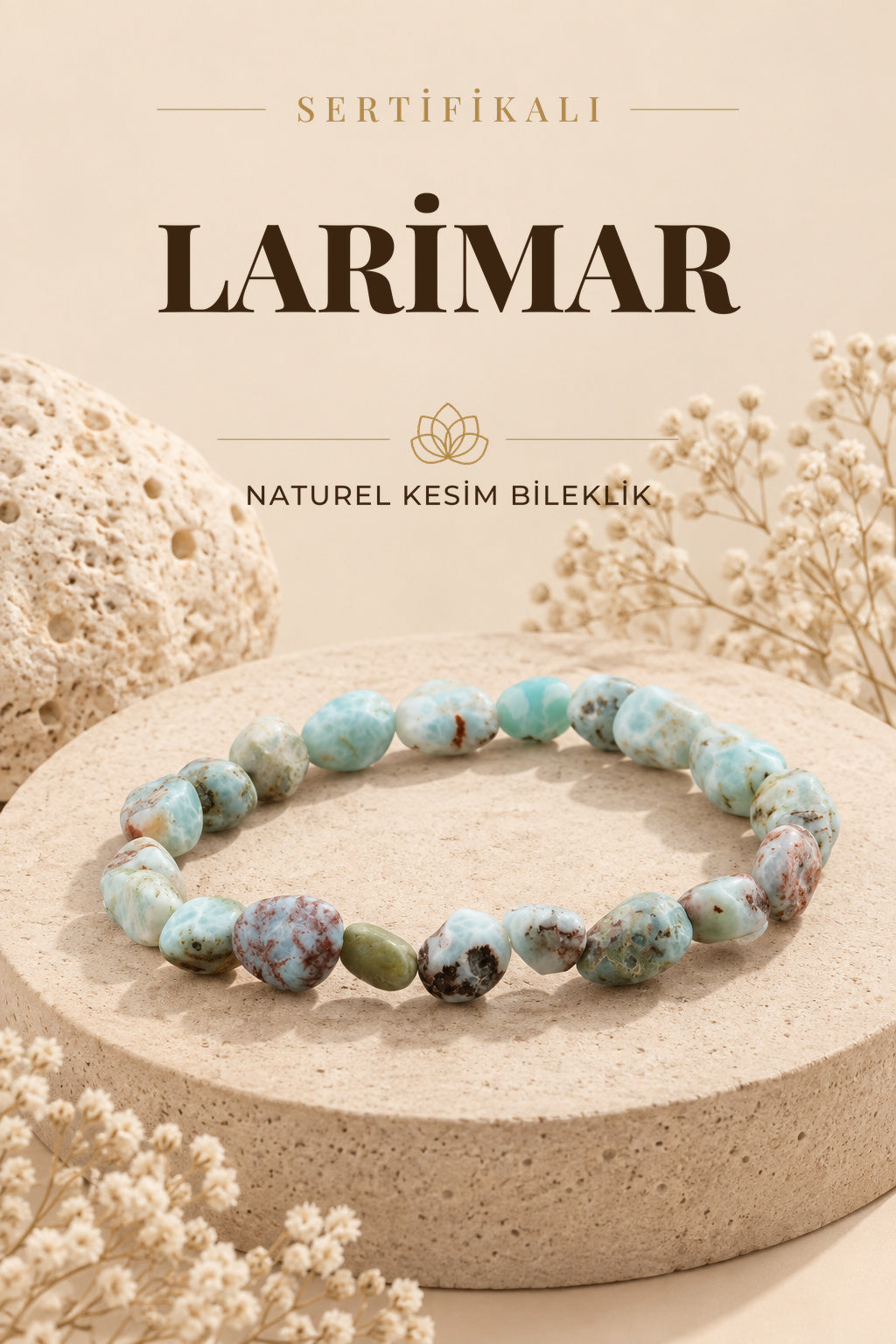 Sertifikalı Larimar Doğal Taş Bileklik Naturel Kesim