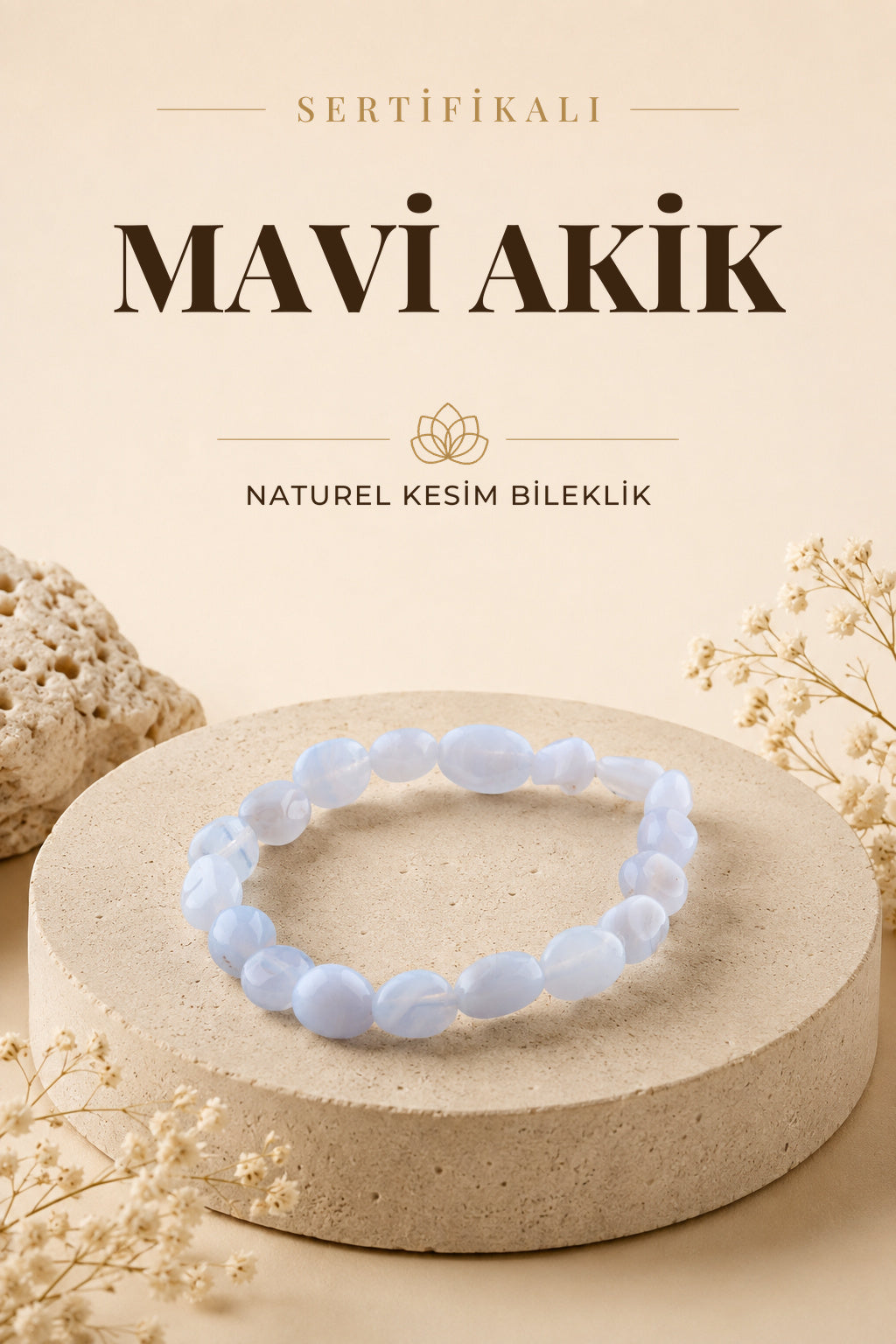 Sertifikalı Mavi Akik Doğal Taş Bileklik Naturel Kesim