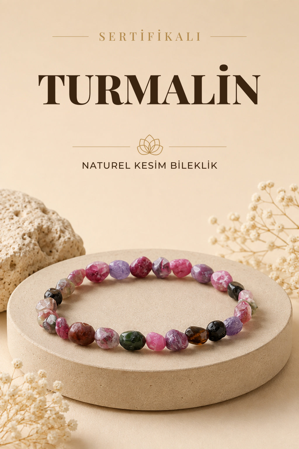Sertifikalı Turmalin Doğal Taş Bileklik Naturel Kesim