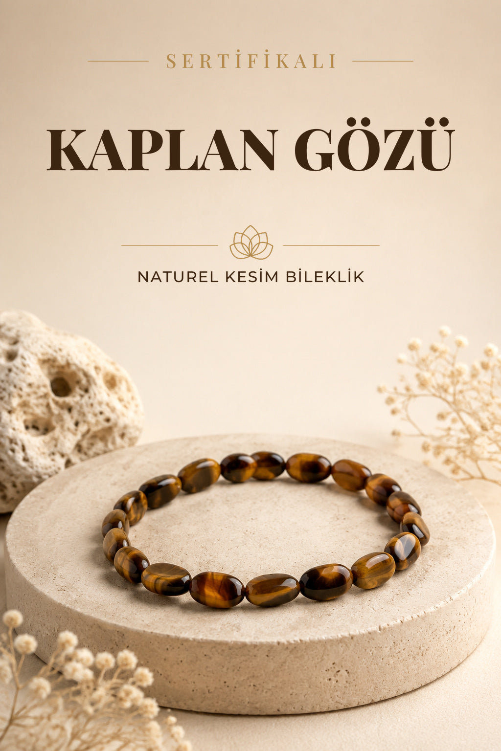 Sertifikalı Kaplan Gözü Doğal Taş Bileklik Naturel Kesim