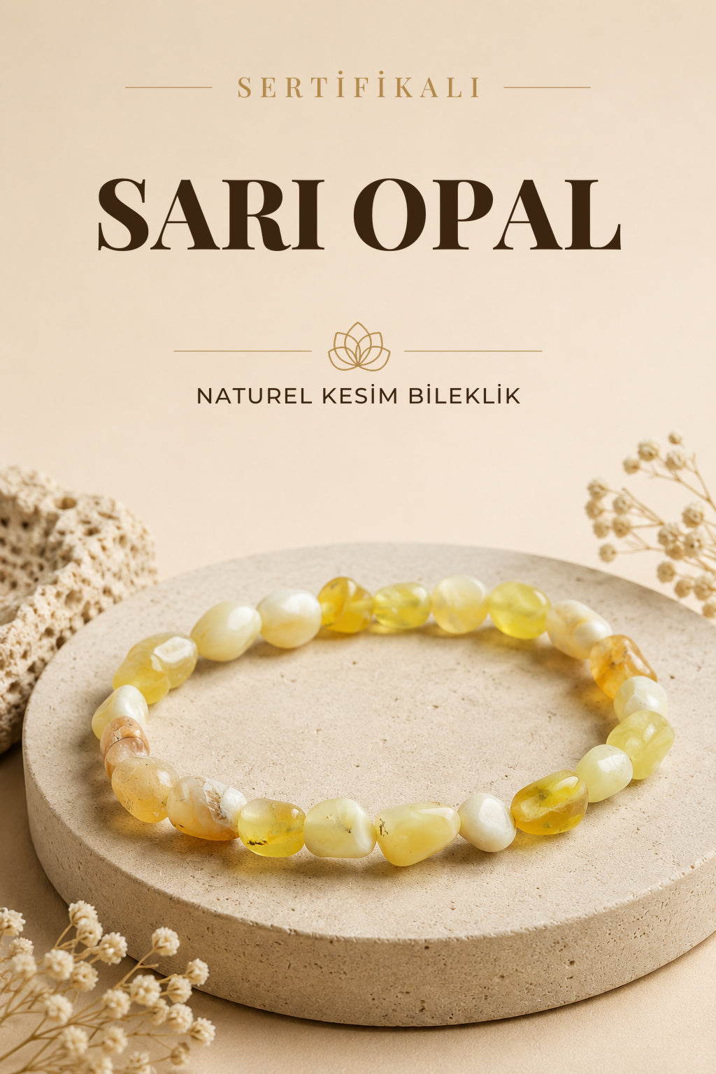 Sertifikalı Sarı Opal Doğal Taş Bileklik Naturel Kesim