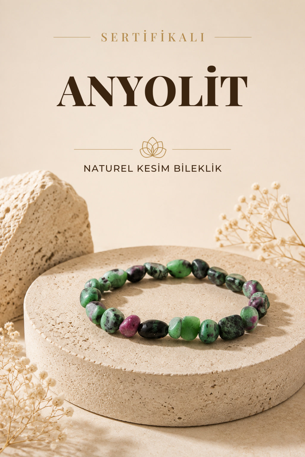 Sertifikalı Anyolit Doğal Taş Bileklik Naturel Kesim
