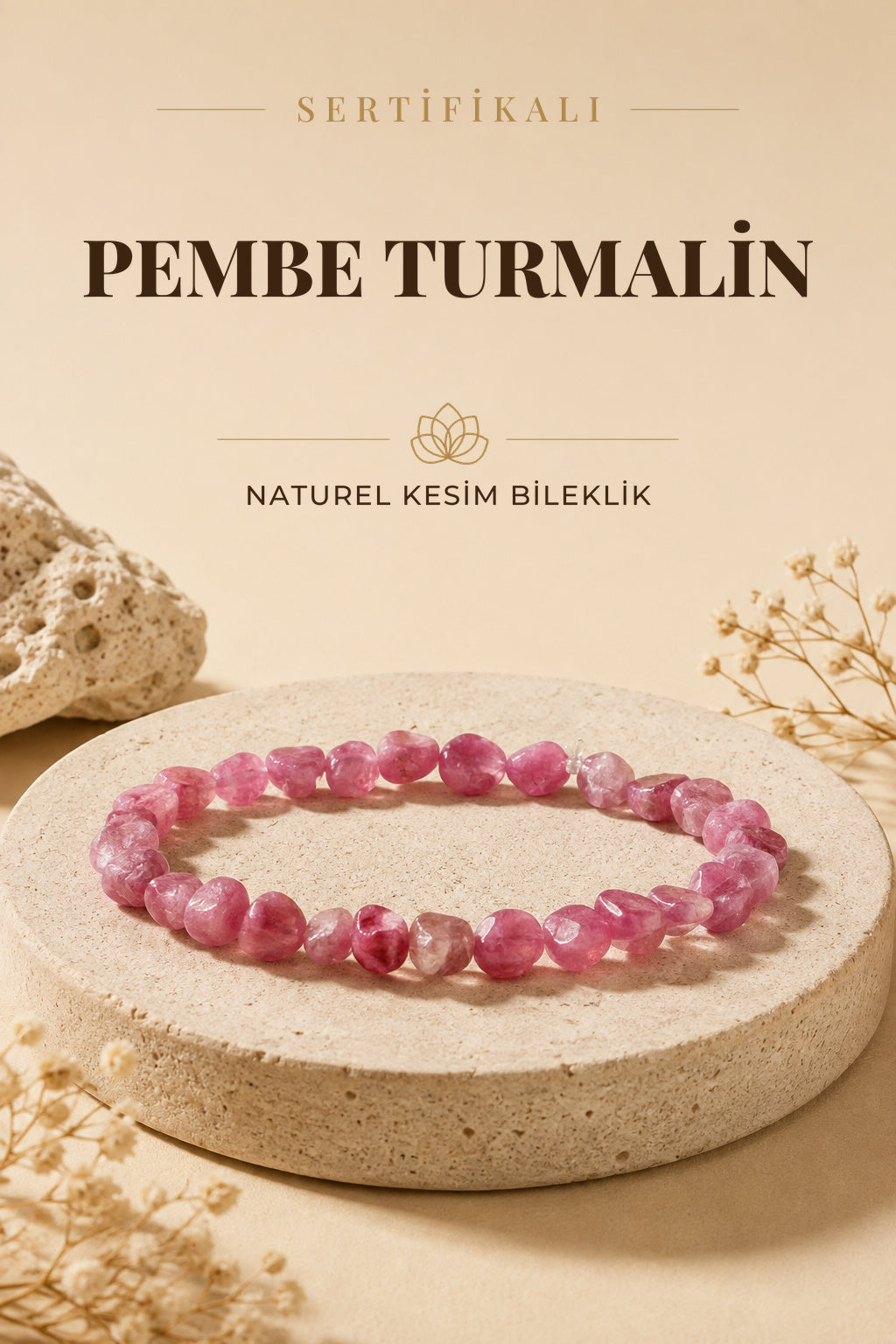 Sertifikalı Pembe Turmalin Doğal Taş Bileklik Naturel Kesim