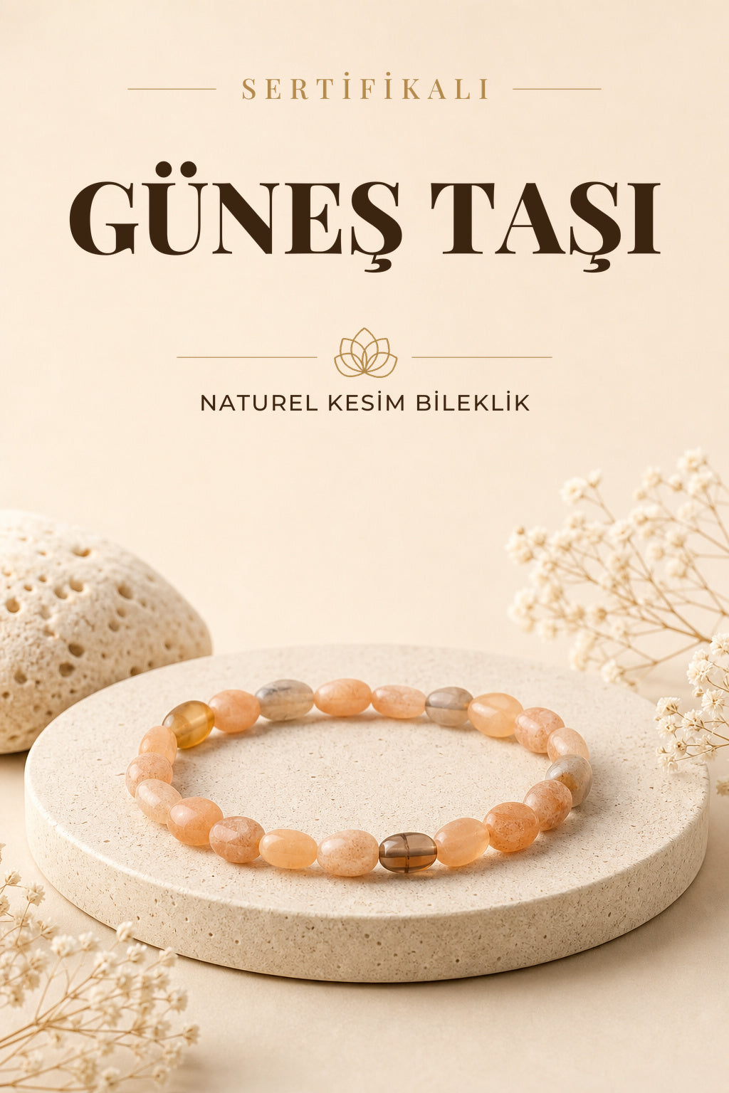 Sertifikalı Güneş Taşı Doğal Taş Bileklik Naturel Kesim