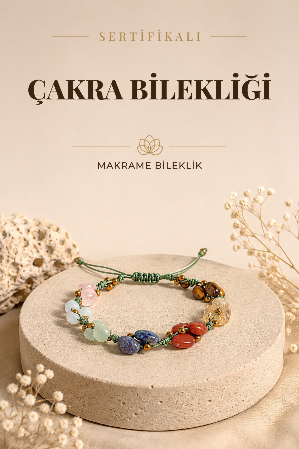 Sertifikalı Çakra Bilekliği Naturel Kesim Makrome %100 El Işçiliği