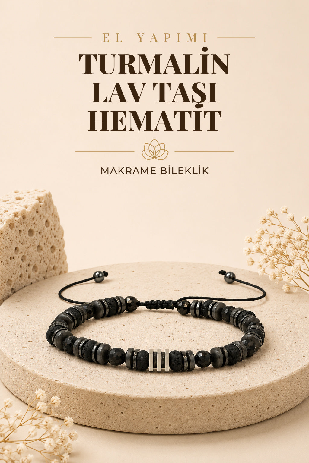 Turmalin-siyah Lav Taşı-hematit Doğal Taş Erkek Makrome Bileklik