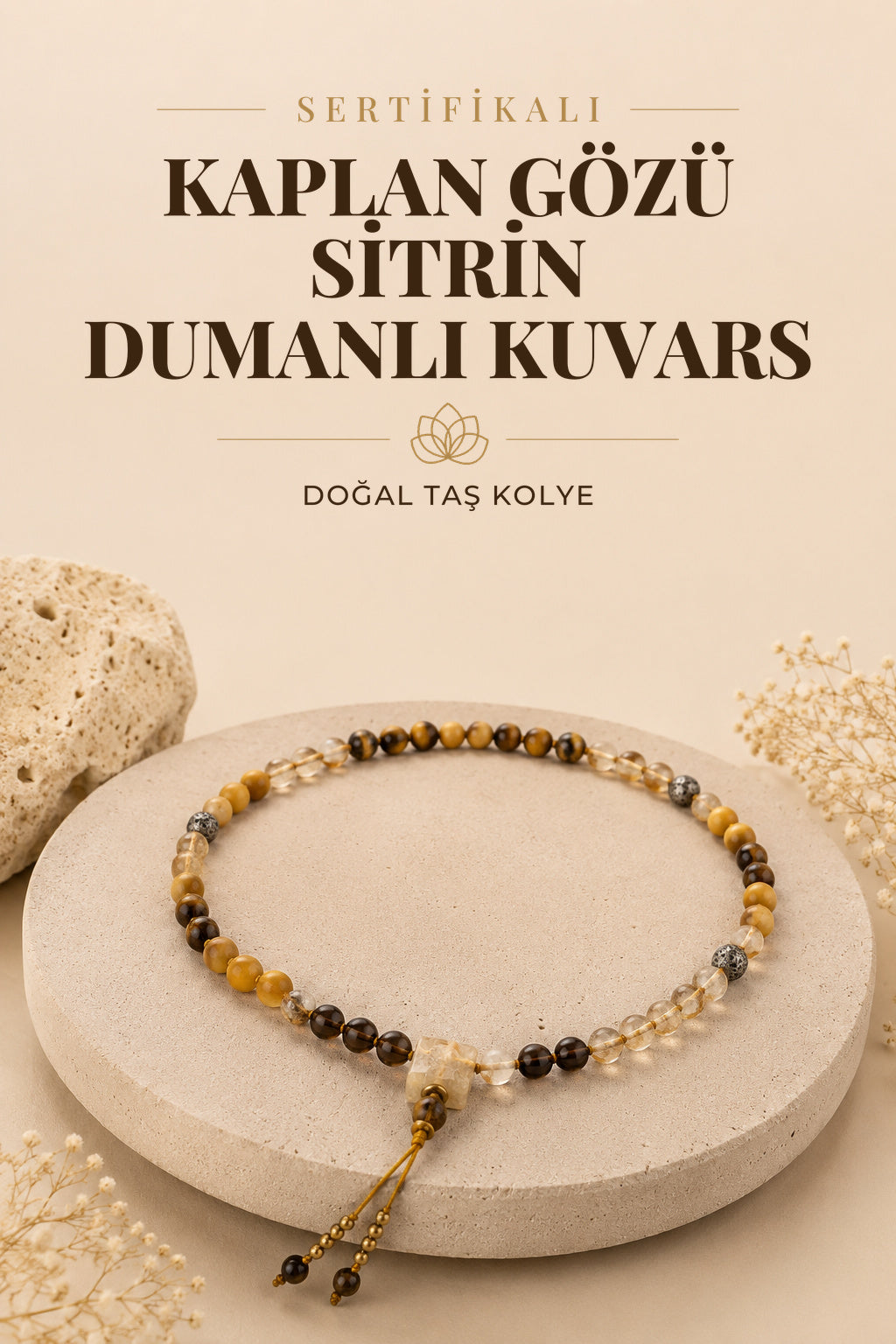 Sertifikalı Bereket & Bolluk 108 Taşlı Mala Kolyesi Kaplan Gözü Sitrin Dumanlı Kuvars Doğal Taşlı