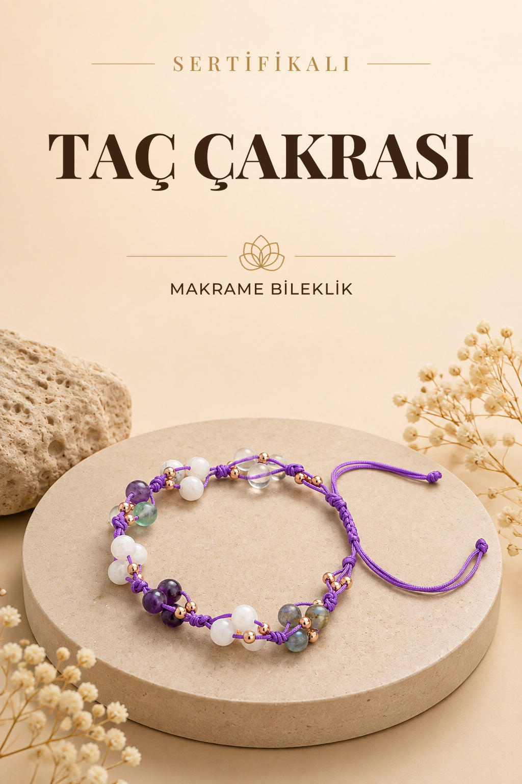 Sertifikalı Taç Çakra Bölgesi Ametist Ay Taşı Selenit Doğal Taşlı Makrome Bileklik