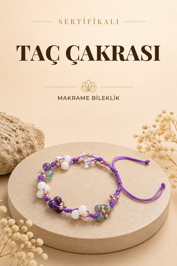Sertifikalı Taç Çakra Bölgesi Ametist Ay Taşı Selenit Doğal Taşlı Makrome Bileklik