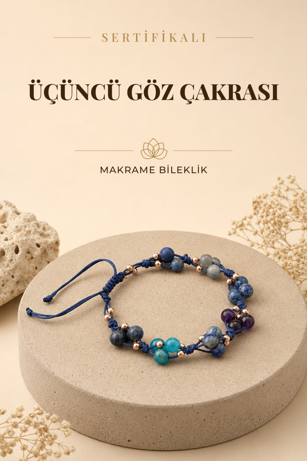Sertifikalı Üçüncü Göz Çakra Bilekliği Lapis, Sodalit, Ametist Doğal Taşlı Makrome Kapama