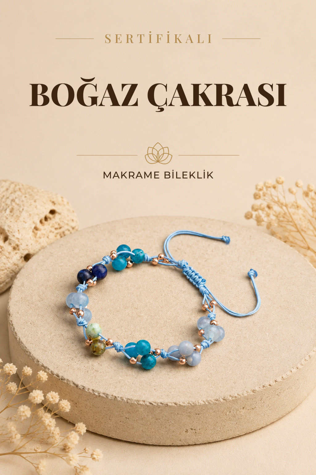 Sertifikalı Boğaz Çakra Bölgesi Akuamarin, Lapis, Mavi Akik Doğal Taşlı Makrome Bileklik