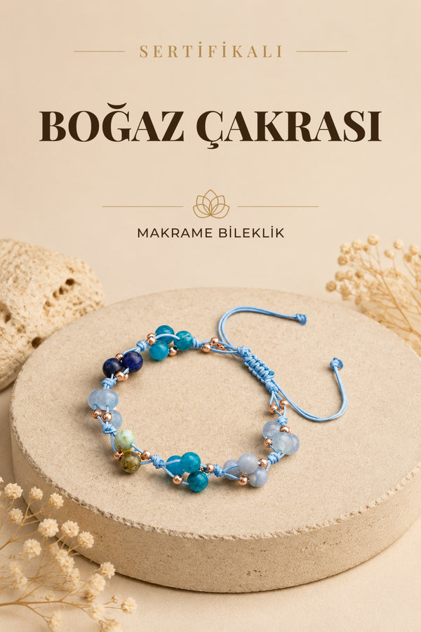 Sertifikalı Boğaz Çakra Bölgesi Akuamarin, Lapis, Mavi Akik Doğal Taşlı Makrome Bileklik
