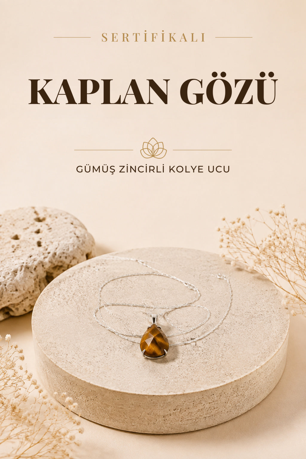 Sertifikalı Kaplan Gözü Kolye Ucu (GÜMÜŞ ZİNCİR HEDİYE) Pirinç Çerçeve