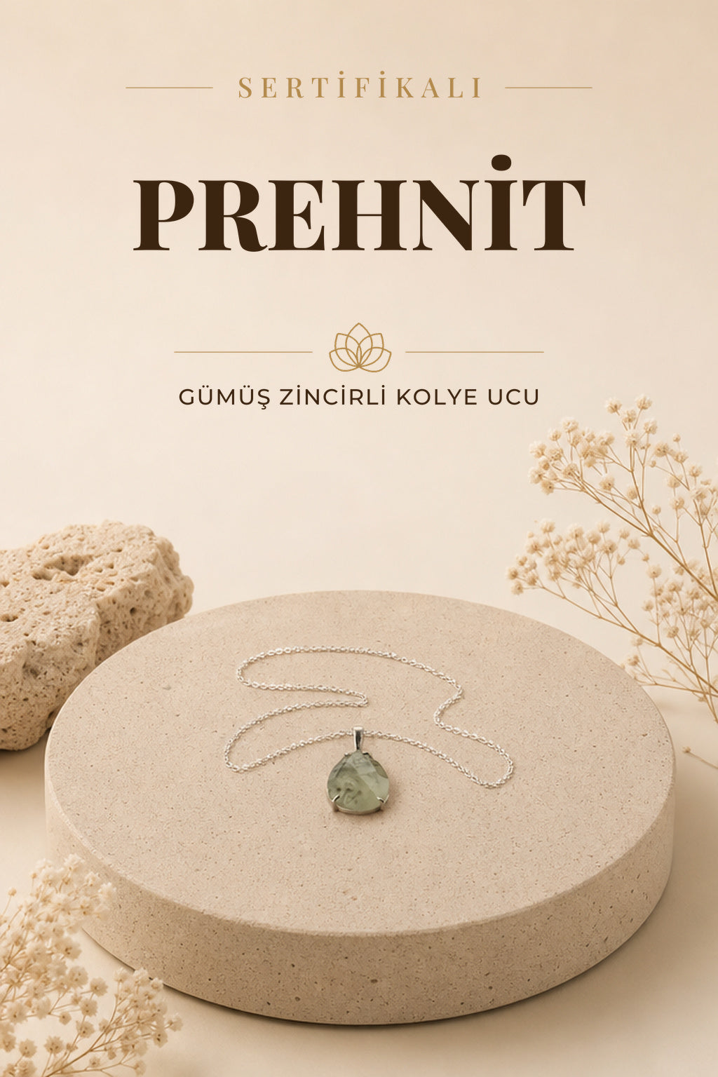Sertifikalı Prehnit Kolye Ucu (GÜMÜŞ ZİNCİR HEDİYE) Pirinç Çerçeve