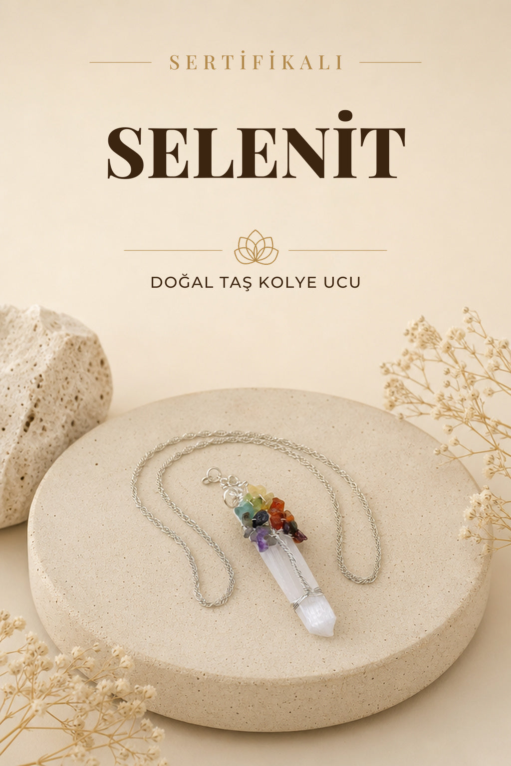 Sertifikalı Selenit Çakra Gümüş Zincirli Kolye Ucu