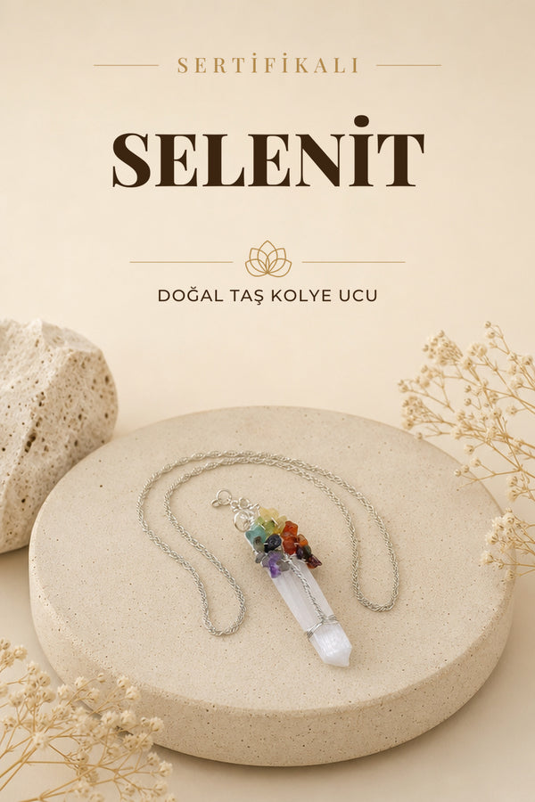 Sertifikalı Selenit Çakra Gümüş Zincirli Kolye Ucu