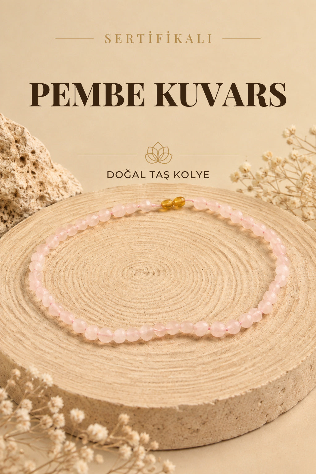 Sertifikalı Pembe Kuvars Natural Kesim Doğal Kolye