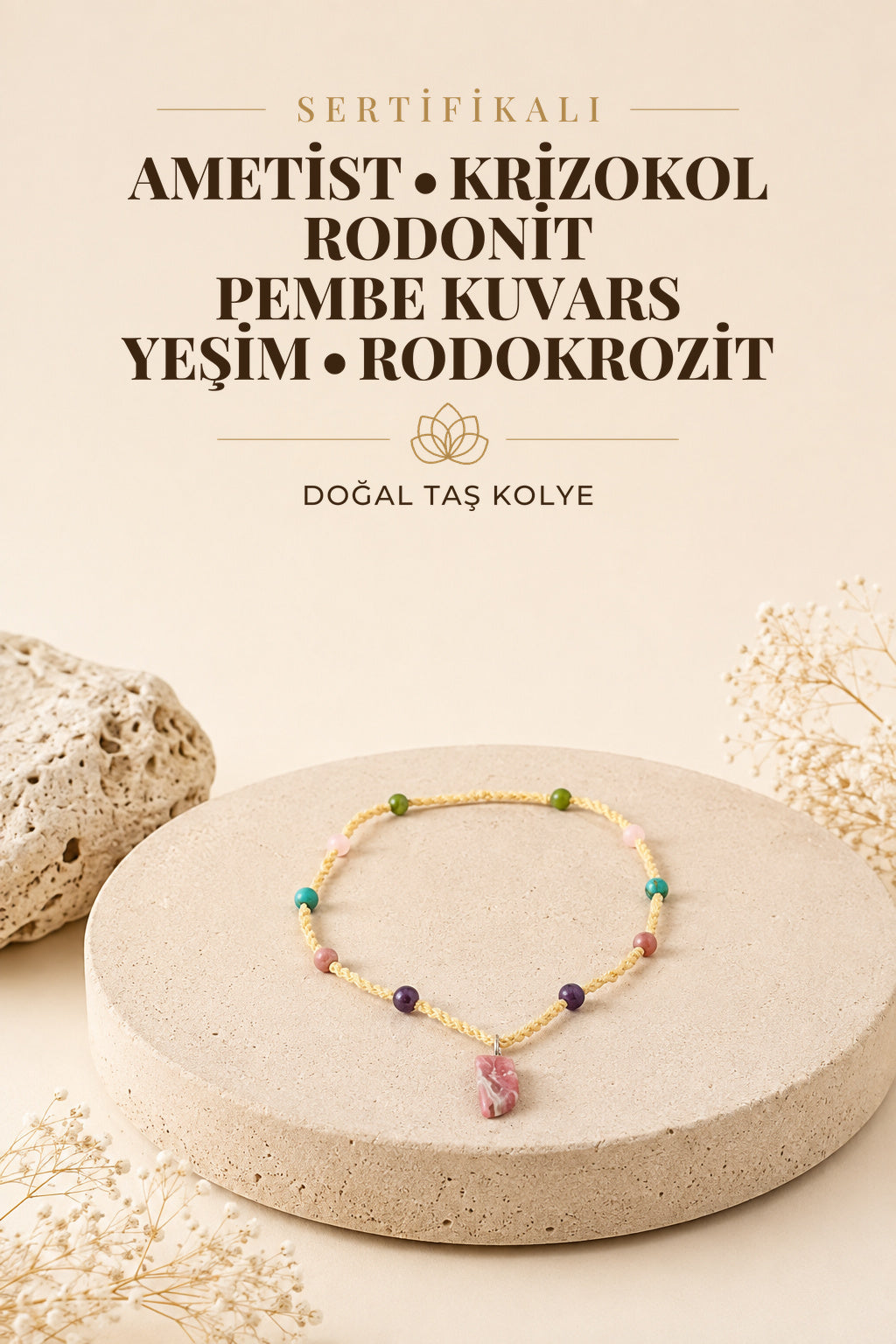 Sertifikalı Ametist, Krizokol, Rodonit, Pembe Kuvars, Yeşim, Rodokrozit Doğal Taşlı Kolye
