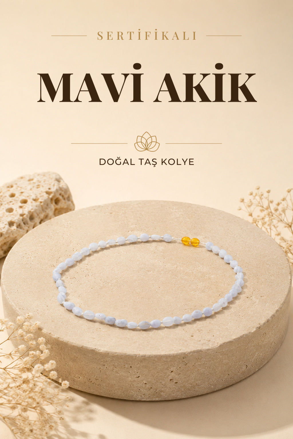 Sertifikalı Mavi Akik Natural Kesim Doğal Taş Kolye