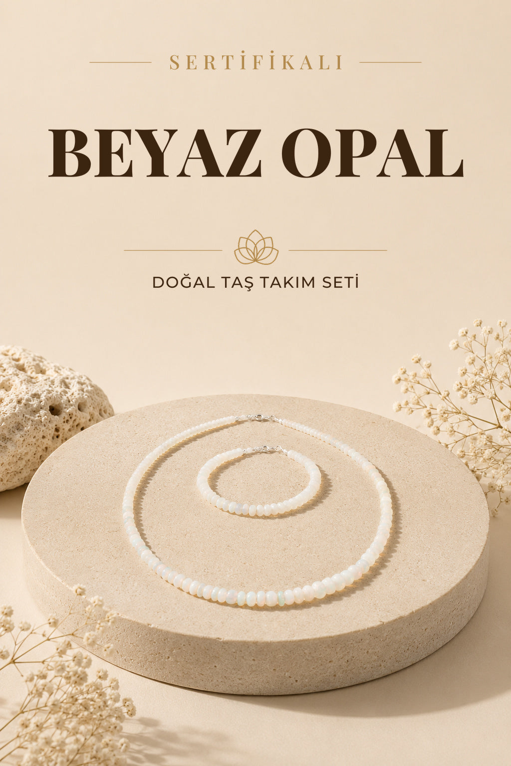 Sertifikalı Beyaz Opal Doğal Taş Bileklik Ve Kolye Takım