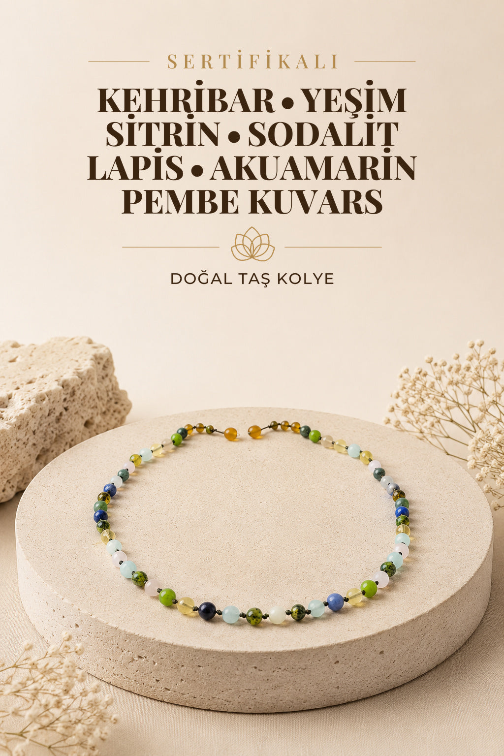 Sertifikalı Doğal Taş Kolye- Kehribar, Yeşim, Sitrin, Sodalit, Lapis, Akuamarin, Pembe Kuvars