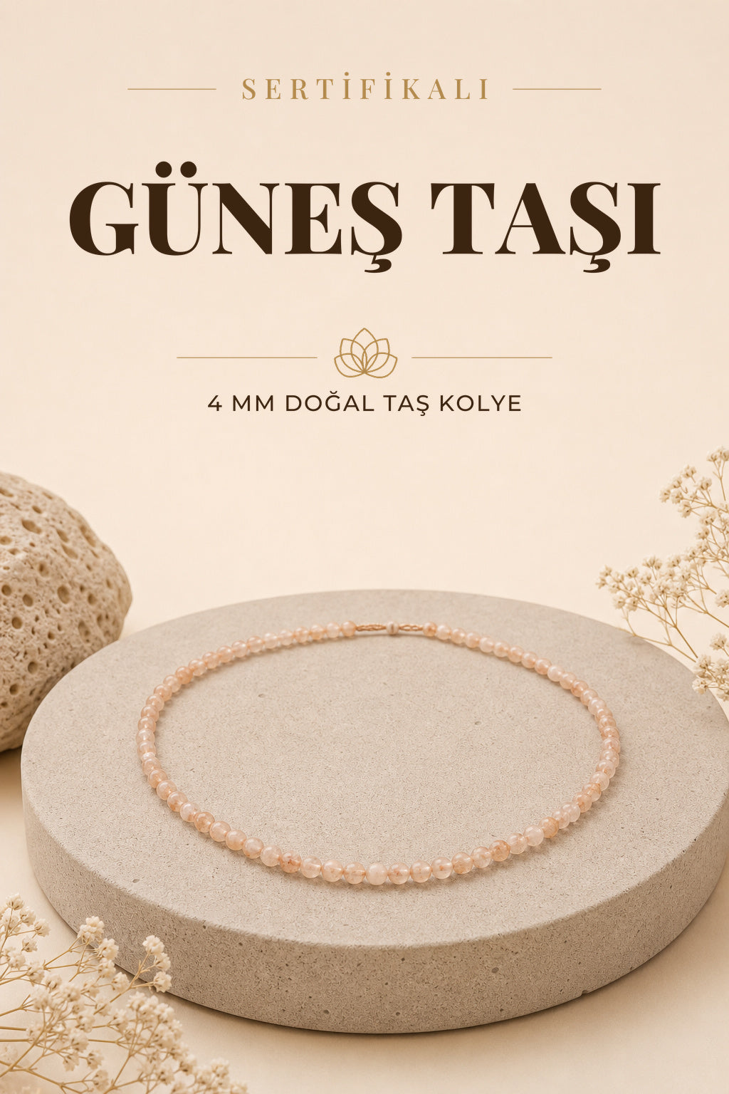 Sertifikalı Güneş Taşı Doğal Taş Kolye 4mm