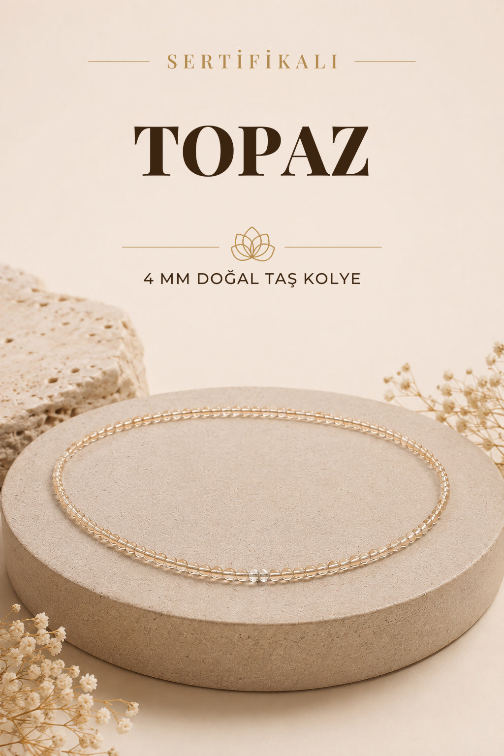 Sertifikalı Mavi Topaz Doğal Taş Kolye4mm