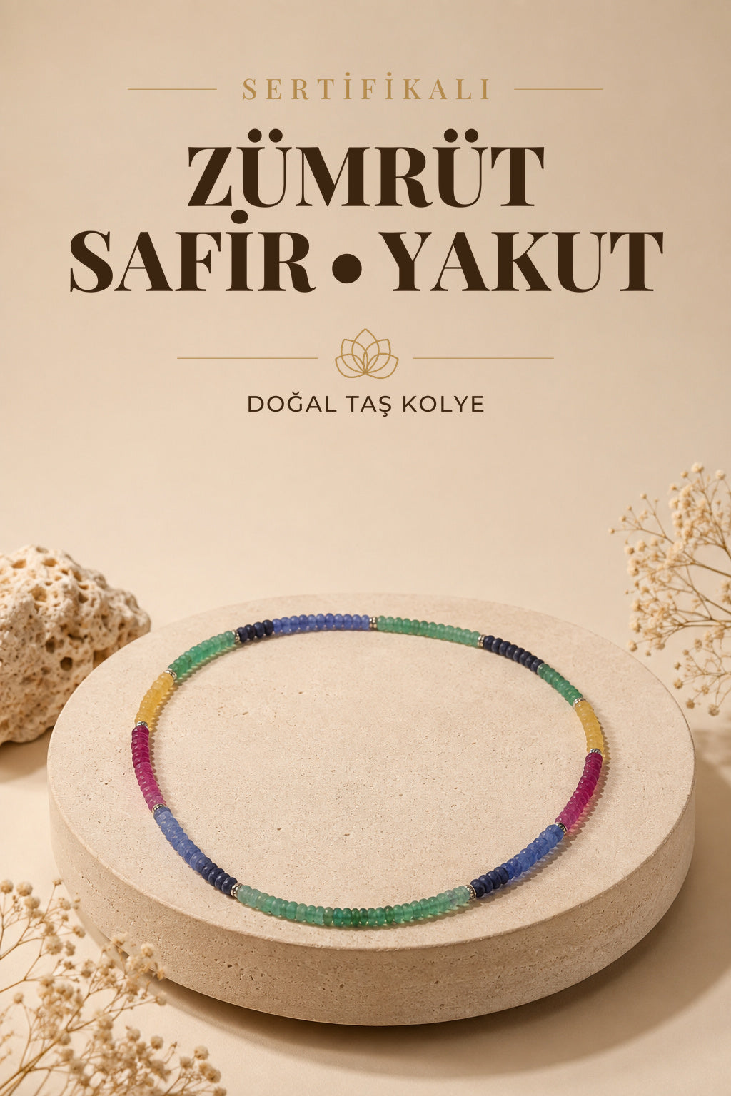 Sertifikalı Doğal Taş Kolye Ve Bileklik Takımı - Zümrüt-safir-yakut