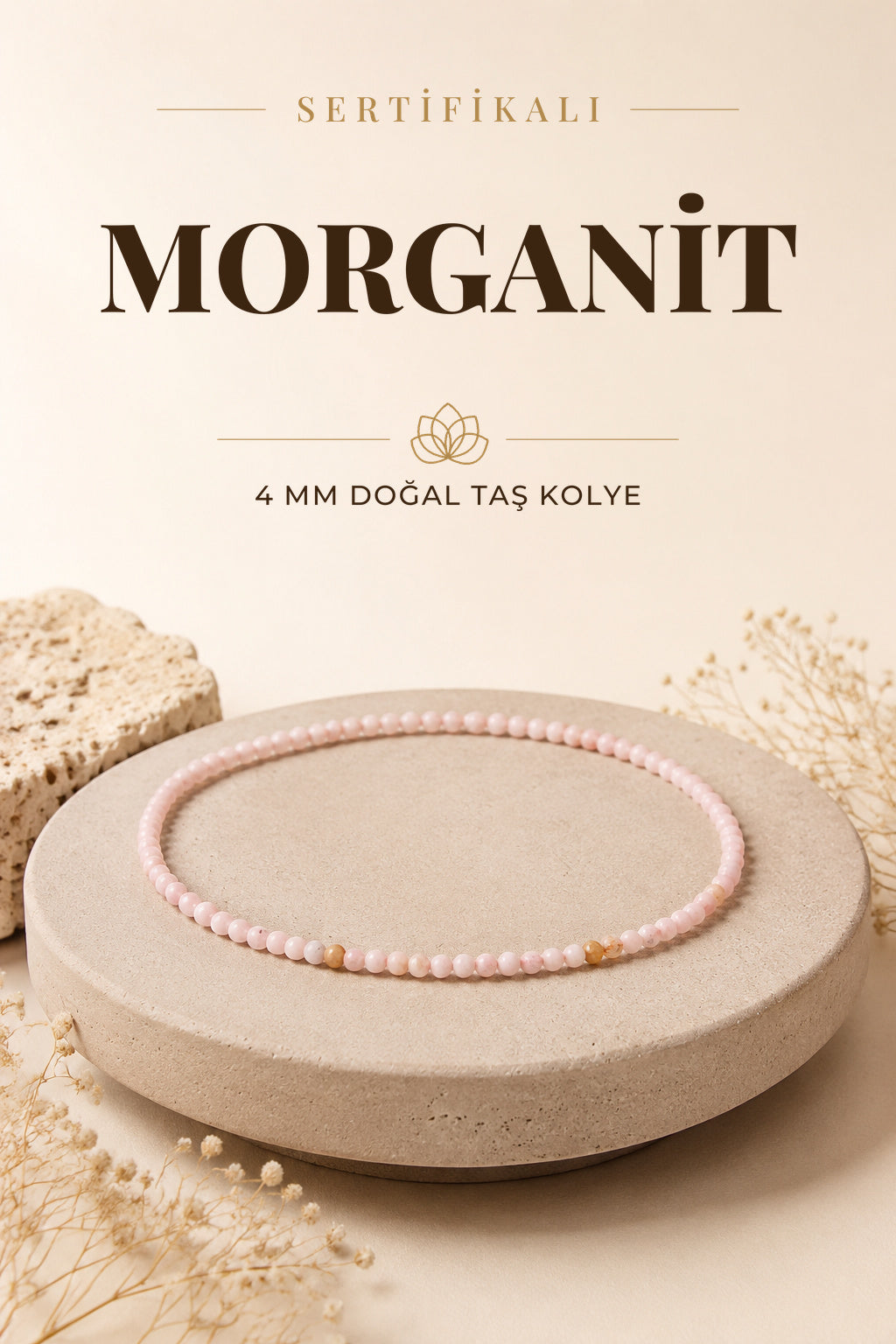 Sertifikalı Morganit Doğal Taş Kolye 4mm