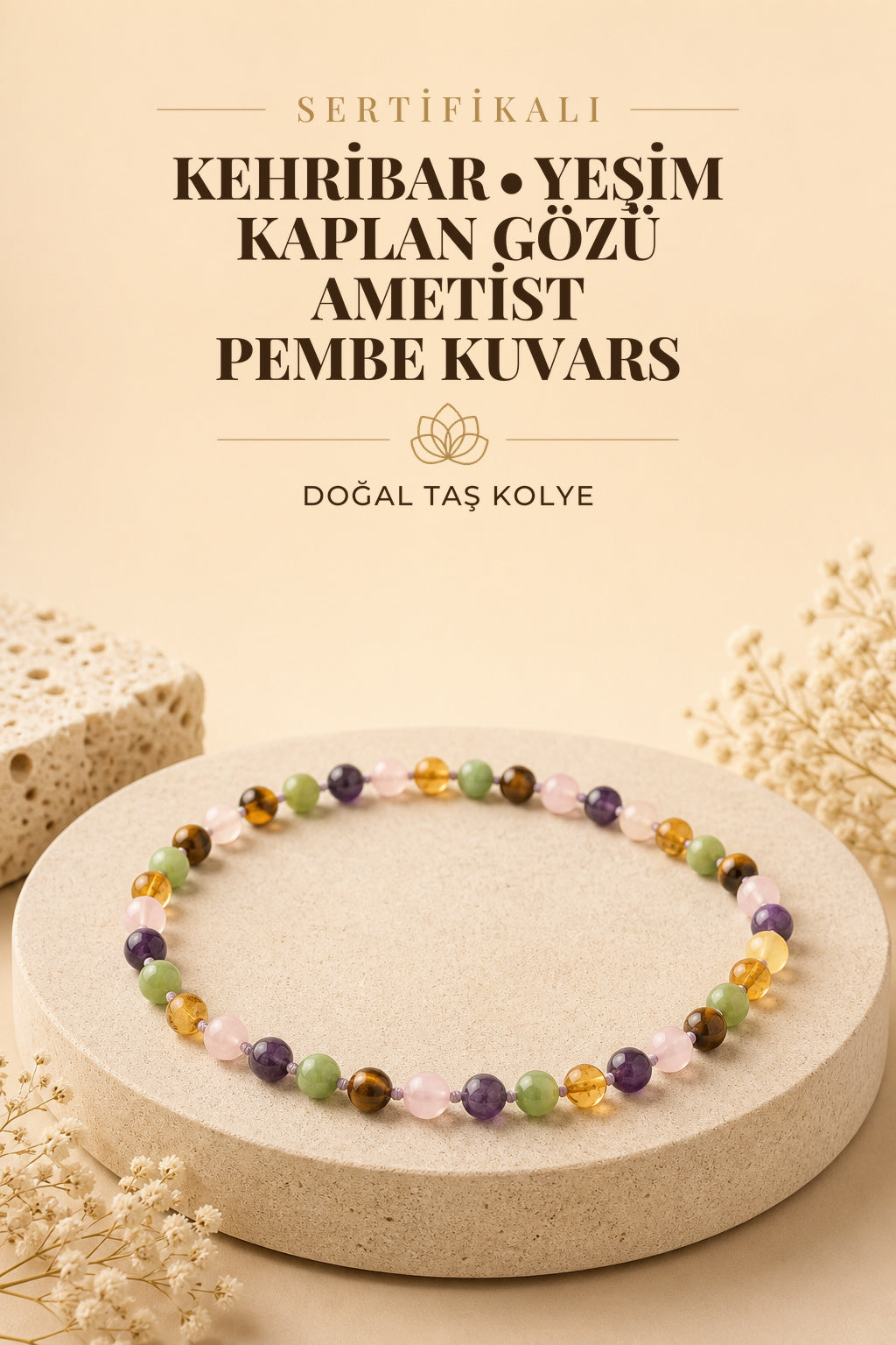 Sertifikalı Doğal Taş Bebek Kolye - Kehribar,yeşim,kaplan Gözü,ametist,pembe Kuvars