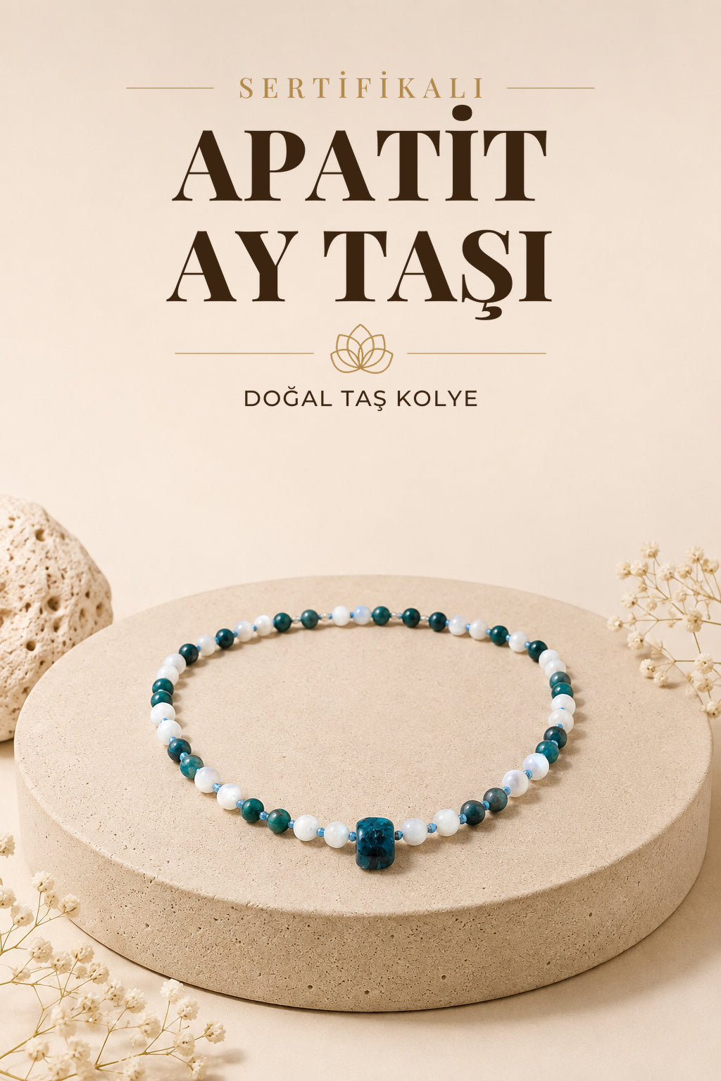 Sertifikalı Doğal Taş Kolye - Apatit,ay Taşı M113